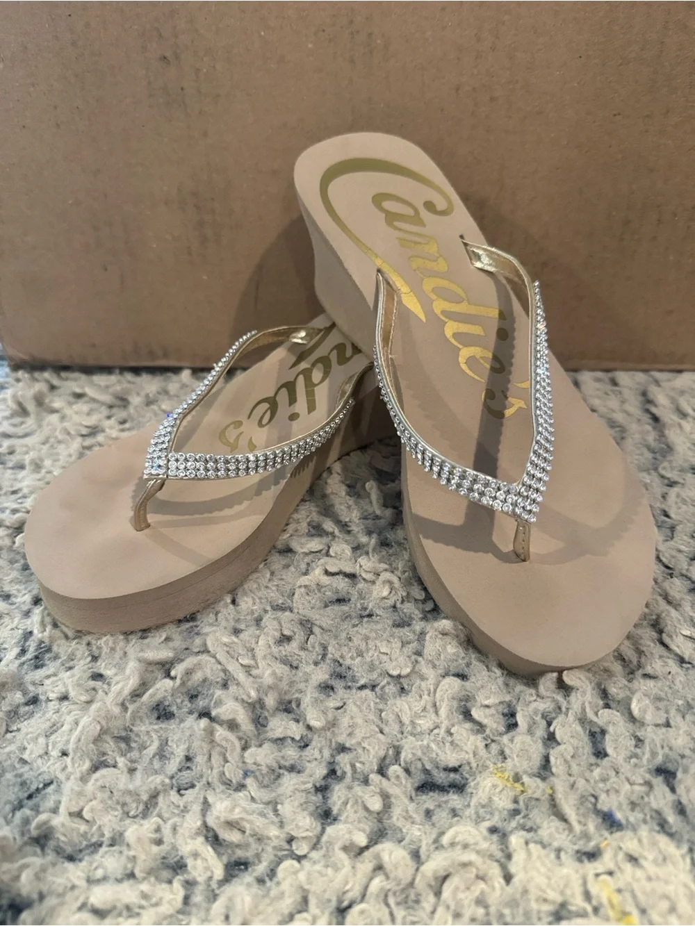 Candie's Nude Rhinestone Wedge Flip Flops
